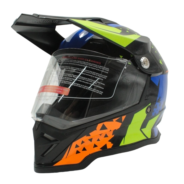 Шолом, закритий крос/ендуро (S 55-56) АТV зі склом F2 (819-7) глянець чорний з синьо-жовто-помаранчевий фото westvelo.com