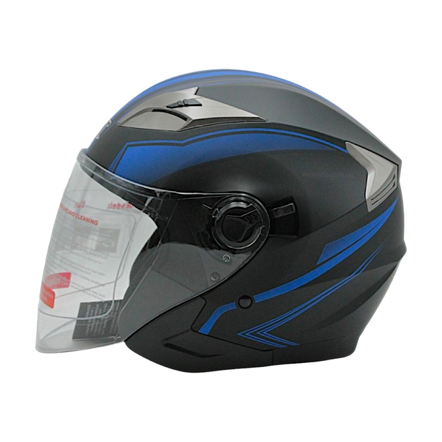 Мото шолом, відкритий (M 57-58) GXT "1001-4", чорний матовий з синіми вставками з відкидними окулярами фото westvelo.com