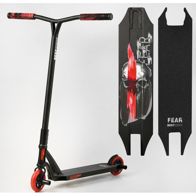 Самокат трюковий Best Scooter «FEAR» МТ-50599 чорно-червоний, SCS-система, пеги, AL диск та дека, колеса PU Ø115mm, ширина керма - 58 см фото westvelo.com