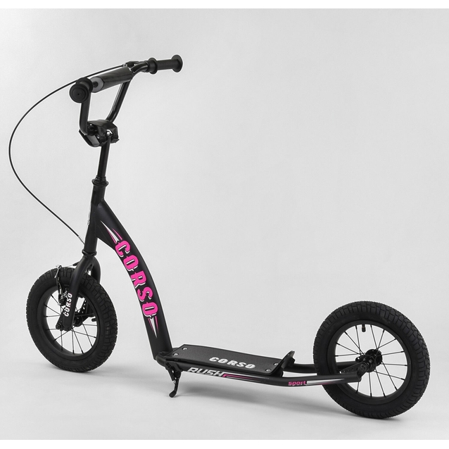 Самокат дитячий 2-х колісний, надувні колеса 12 Corso CR-T 9490 чорно-рожевий, ручне переднє гальмо фото westvelo.com