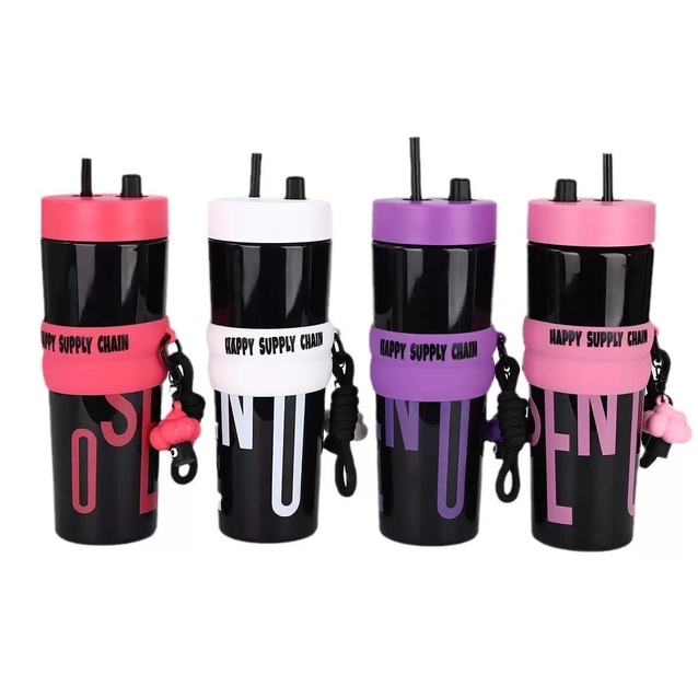 Фляга 1000 ml OSENO пластик (брелок, трубочка) рожевий фото westvelo.com