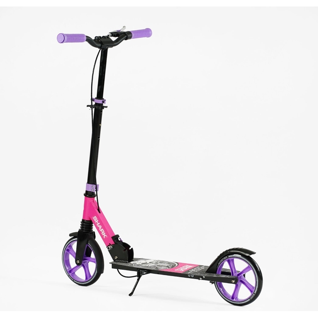 Самокат дитячий 2-х колісний, PU Best Scooter «SHARK» SH-30610 чорно-рожево-фіолетовий, Ø200mm, з ручним гальмом, затискач керма, 1 амортизатор