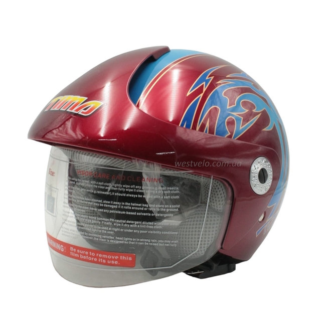 Мото шолом, відкритий (XS) TimA №208 червоно-блакитний, з дашком фото westvelo.com