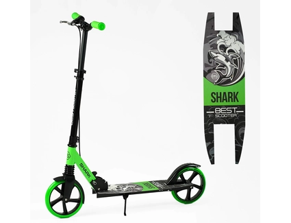 Самокат дитячий 2-х колісний, PU Best Scooter «SHARK» SH-50730 чорно-салатовий, Ø200mm, з ручним гальмом, затискач керма, 1 амортизатор