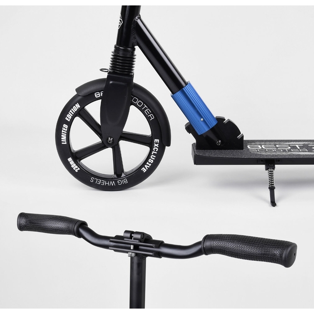 Самокат дитячий 2-х колісний, PU Best Scooter 75186 чорно-синій, колеса Ø230-215mm, AL, 1 амортизатор передній фото westvelo.com