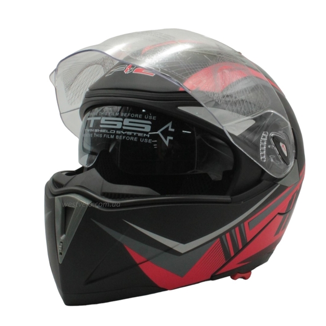 Мото шолом, трансформер (S 55-56) F2 158 Neon red, чорний, матовий з відкидними окулярами фото westvelo.com