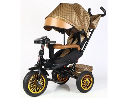 Дитячий велосипед 3-х колісний з батьківською ручкою, з дашком, безкамерні колеса Best Trike «PERFETTO» 8066/910-25 золотий принт «LV», поворотне сидіння, кошик, фара музична, USB, Bluetooth