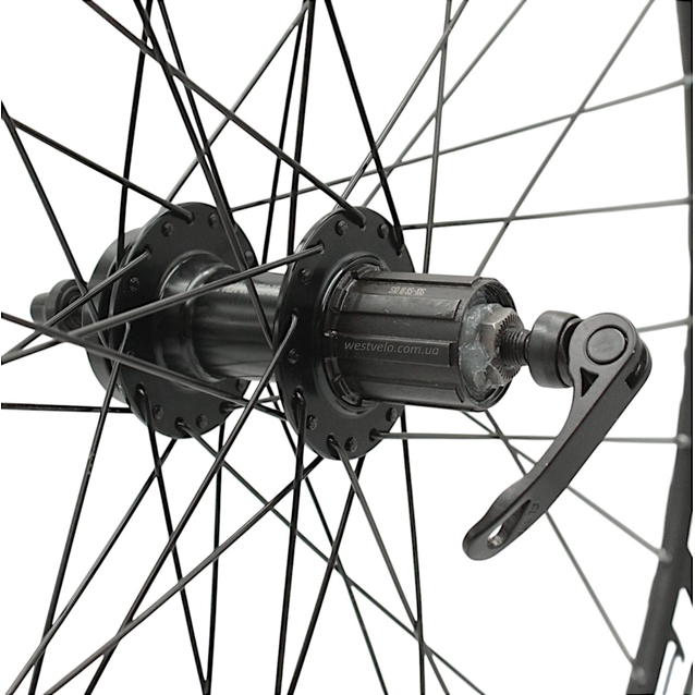 Колесо 28-29 зад, обід 2-ний чорний дисковий, втулка AL. SHUNFENG касета 8-10S, проми, диск 6 болтів, ексцентрик, чорна спиця фото westvelo.com