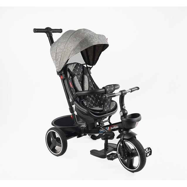 Дитячий велосипед 3-кол з батьківською ручкою, з даш, PU BestTrike «OSCAR» 6390/18-698 чорно-сірий, поворотне сидіння, кермо складне, кошик, телескопічна ручка фото westvelo.com
