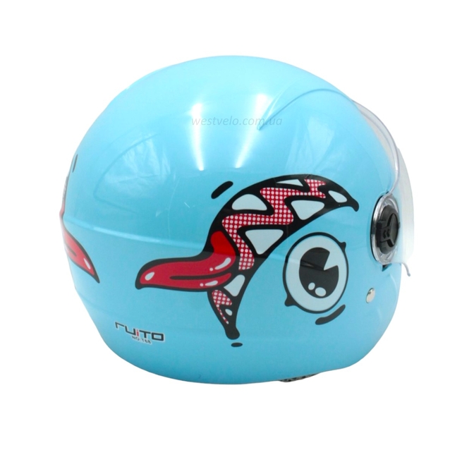 Мото шолом дитячий, відкритий RUITO Т68, блакитний з червоно-біло-чорним малюнком, фото westvelo.com