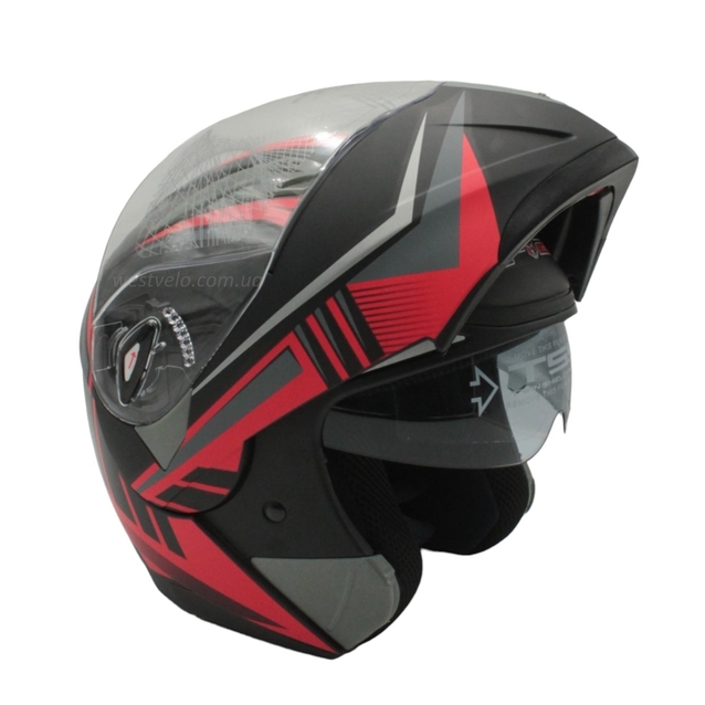 Мото шолом, трансформер (S 55-56) F2 158 Neon red, чорний, матовий з відкидними окулярами фото westvelo.com