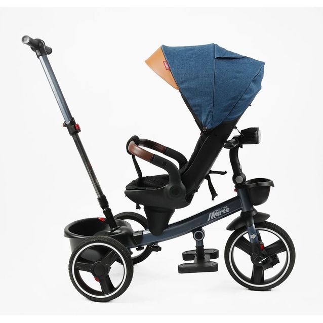 Дитячий велосипед 3-кол з батьківською ручкою, з даш, PU BestTrike «MARCO» 9155/307-05 синьо-коричневий, поворотне сидіння, складне кермо, кошик, телескопічна ручка, фара музична фото westvelo.com