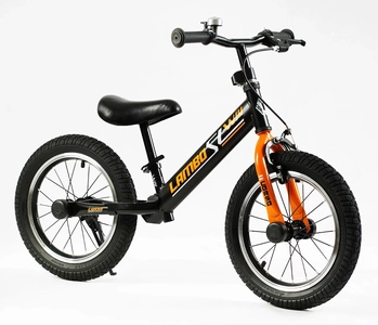 Велобіг 14 Corso надувні колеса, сталева рама «LAMBO» LB-14084 чорно-помаранчевий, ручне гальмо, алюмінієві обода, підставка для ніг, підніжка, дзвоник