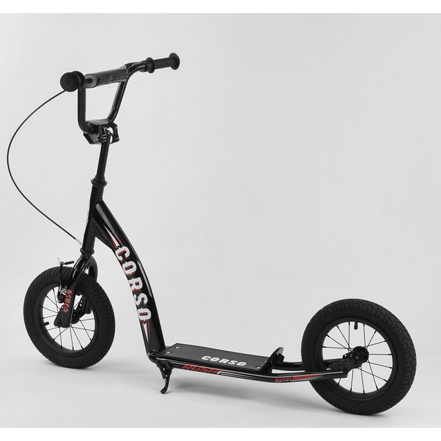 Самокат дитячий 2-х колісний, надувні колеса 12 Corso CR-T 5656 чорний, ручне переднє гальмо фото westvelo.com