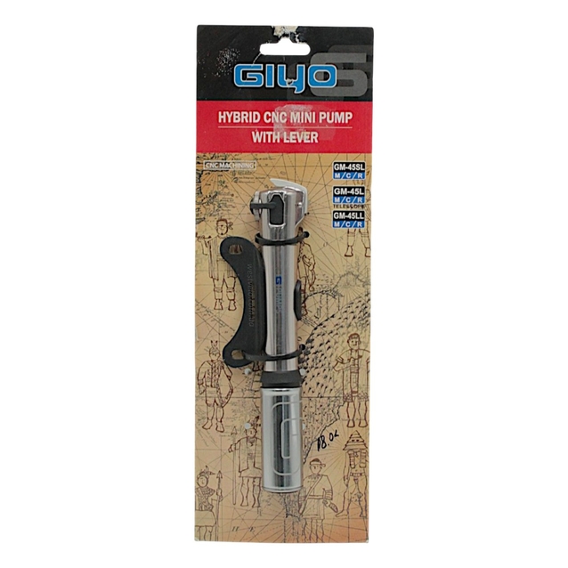 Насос вело GIYO Тайвань GM-45SL Al срібний, макс тиск 100 psi (presta+schrader+борт, лопатка) (AV/FV) фото westvelo.com