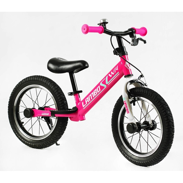 Велобіг 14 Corso надувні колеса, сталева рама «LAMBO» LB-14962 рожевий, ручне гальмо, алюмінієві обода, підставка для ніг, підніжка, дзвоник фото westvelo.com