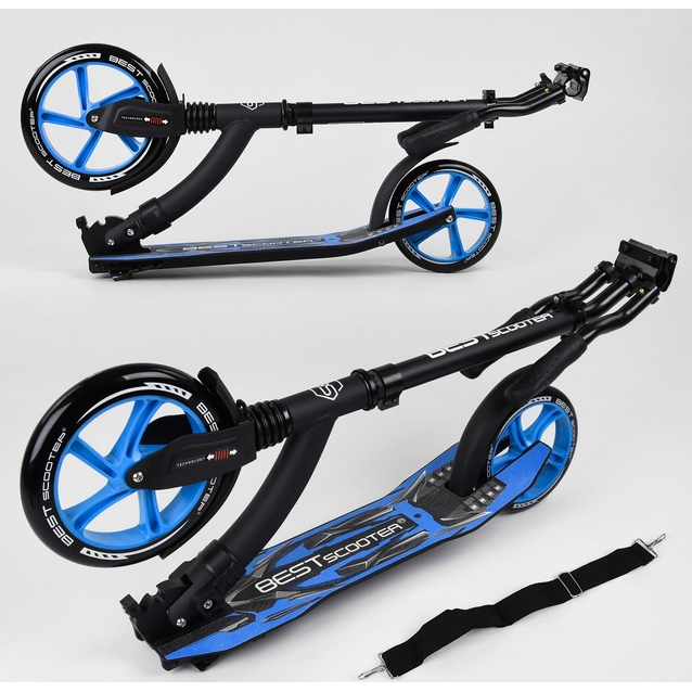 Самокат дитячий 2-х колісний, PU Best Scooter 54664 чорно-блакитний, колеса Ø230-200mm, AL, 1 амортизатор, широкий руль, зажим руля фото westvelo.com
