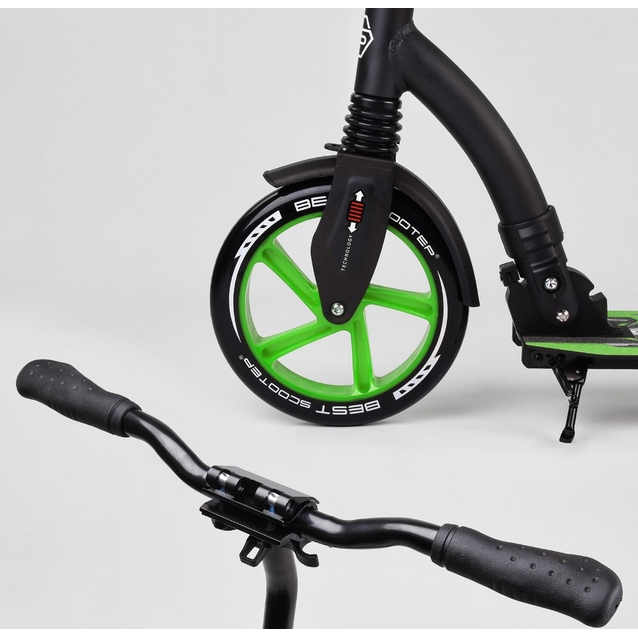 Самокат дитячий 2-х колісний, PU Best Scooter 52266 чорно-салатовий, колеса Ø230-200mm, AL, 1 амортизатор, широкий руль, зажим руля фото westvelo.com