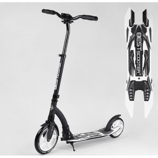 Самокат дитячий 2-х колісний, PU Best Scooter 75343 чорно-білий, колеса Ø230-200mm, AL, 1 амортизатор, широкий руль, зажим руля фото westvelo.com