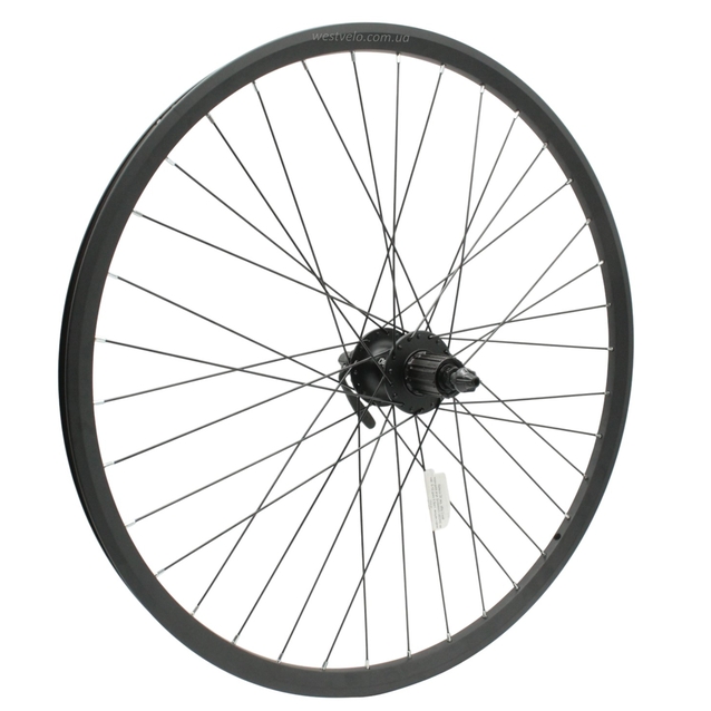 Колесо 26 зад, обід 2-ний чорн.диск,втул. AL SHIMANO DEORE касета (8-10S), диск 6 болт, ексцен.чорна спиця фото westvelo.com