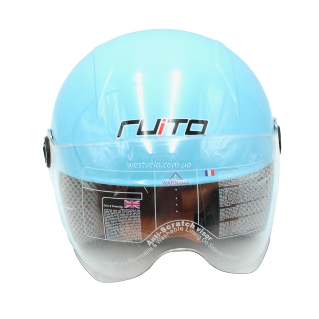 Мото шолом дитячий, відкритий RUITO Т68, блакитний з червоно-біло-чорним малюнком, фото westvelo.com