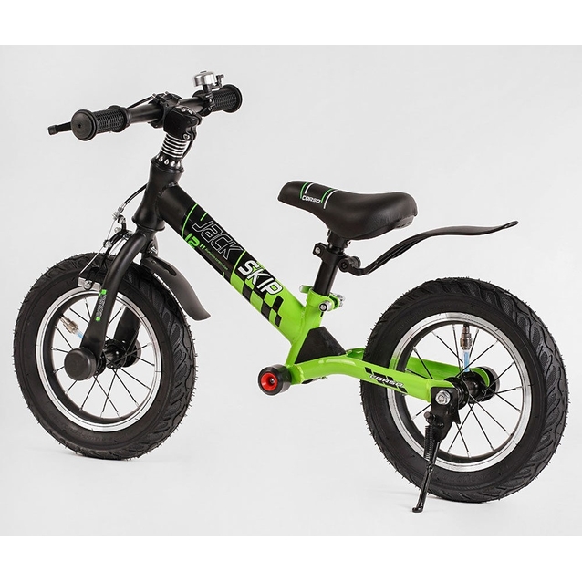Велобіг 12 Corso надувні колеса, сталева рама «SKIP JACK» 95112 ручне гальмо, з амортизатором, чорно-салатовий фото westvelo.com