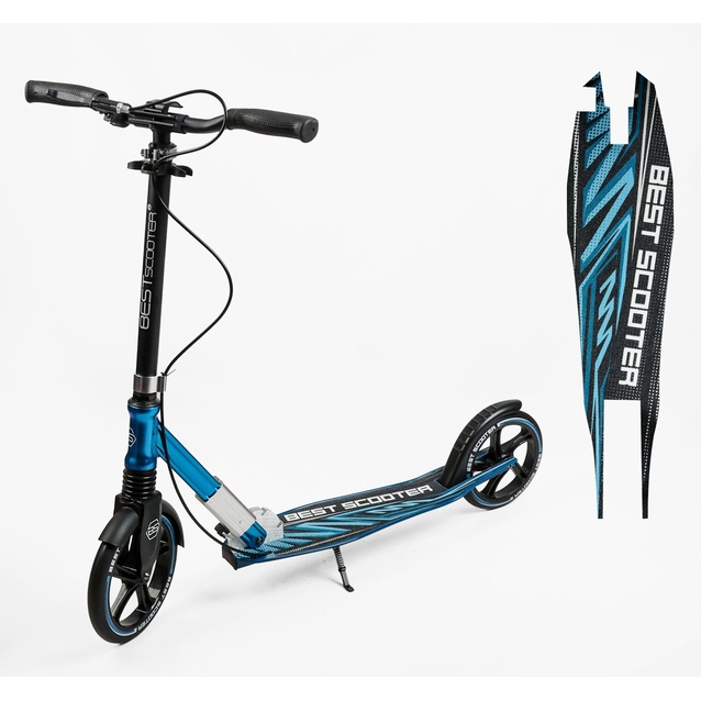 Самокат дитячий 2-х колісний, PU Best Scooter 23013 чорно-блакитний, колеса Ø230-200mm, AL, 1 амортизатор передній, ФАРА, затискач керма фото westvelo.com