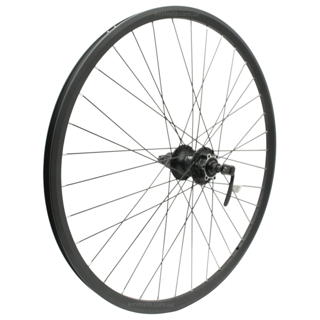 Колесо 26 зад, обід 2-ний чорн.диск,втул. AL SHIMANO DEORE касета (8-10S), диск 6 болт, ексцен.чорна спиця фото westvelo.com