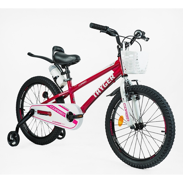 Дитячий велосипед 20 AL Corso «TAYGER» TG-70450 алюмінієва рама рожево-білий, ручне гальмо, дод. колеса, дзвоник, бутилочка фото westvelo.com