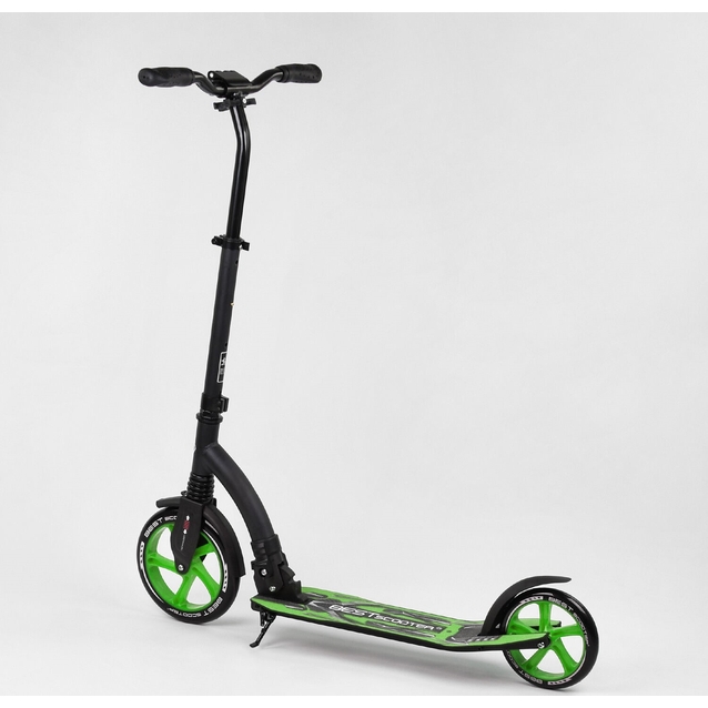 Самокат дитячий 2-х колісний, PU Best Scooter 52266 чорно-салатовий, колеса Ø230-200mm, AL, 1 амортизатор, широкий руль, зажим руля фото westvelo.com