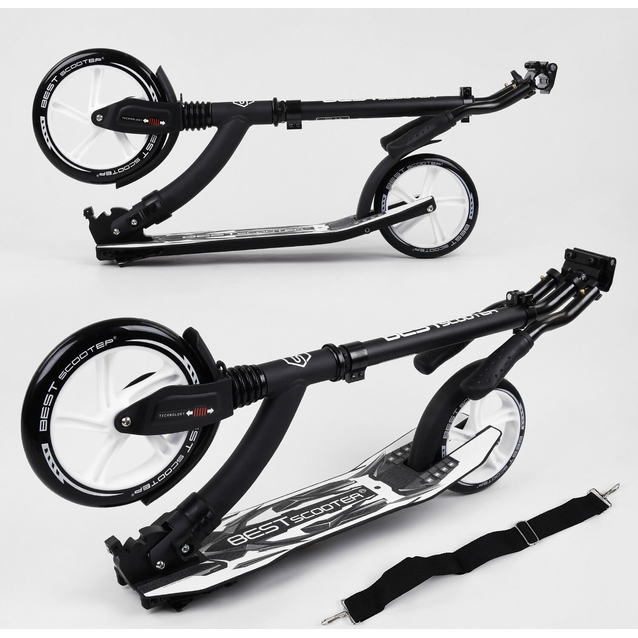 Самокат дитячий 2-х колісний, PU Best Scooter 75343 чорно-білий, колеса Ø230-200mm, AL, 1 амортизатор, широкий руль, зажим руля фото westvelo.com