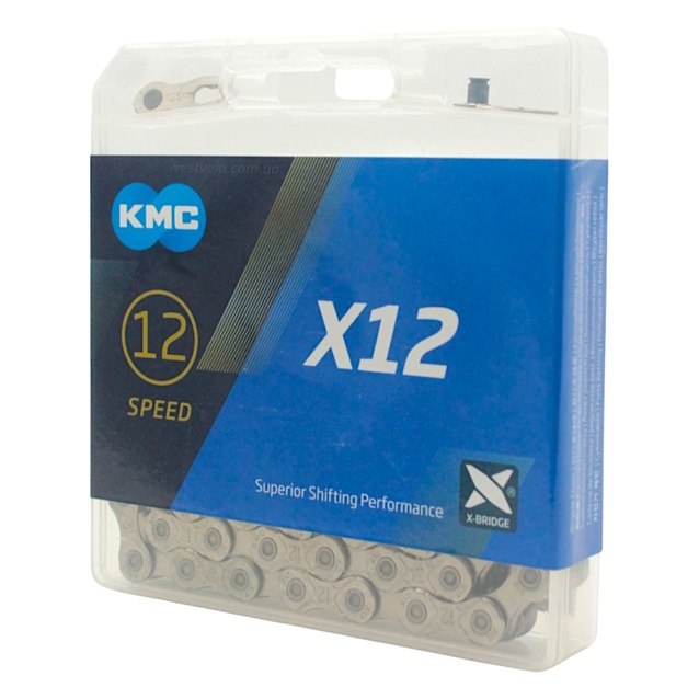 Ланцюг спорт. 12 передач KMC Х12 нікель-сірий,(1/2x11/128x126L) пластик + замок фото westvelo.com