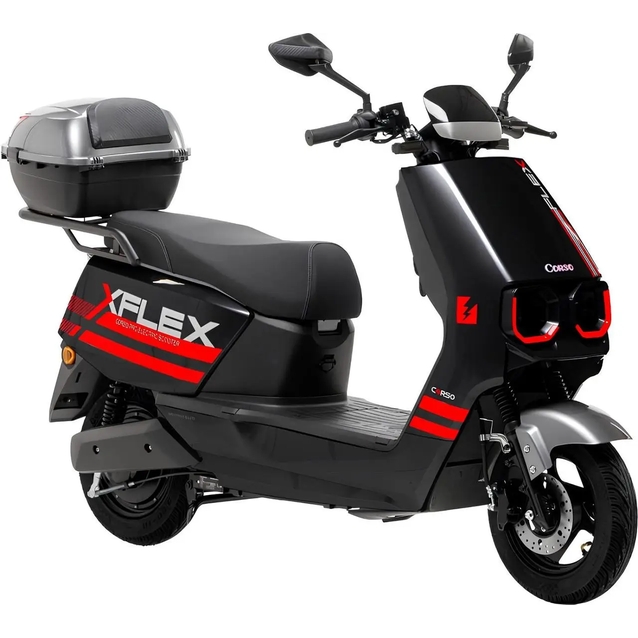 Електроскутер Corso «FLEX» FL-239072 двигун 1500W, акумулятор графеновий 72V/35Ah, чорно-червоний, колеса 10" + 1 ящик. акум фото westvelo.com