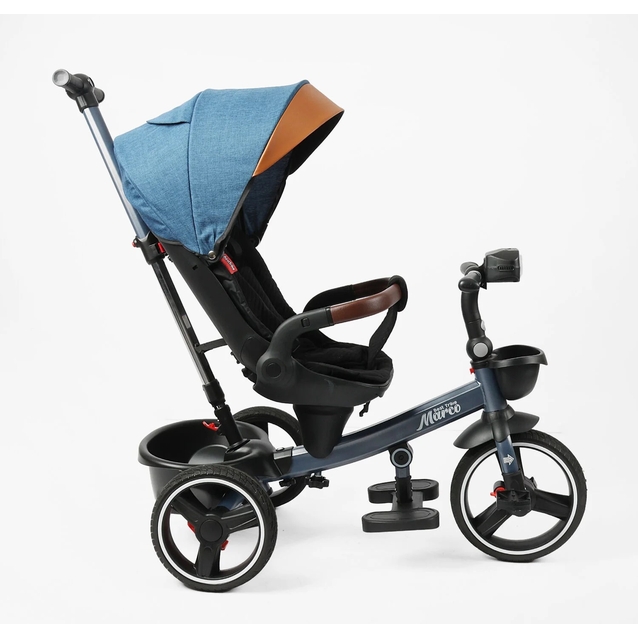 Дитячий велосипед 3-кол з батьківською ручкою, з даш, PU BestTrike «MARCO» 9155/307-05 синьо-коричневий, поворотне сидіння, складне кермо, кошик, телескопічна ручка, фара музична фото westvelo.com