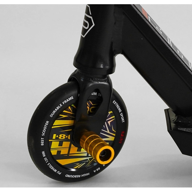 Самокат трюковий Best Scooter «HOP» N-01801 чорно-золотий, HIC-система, пеги, AL диск та дека, колеса PU Ø120mm, ширина керма - 58 см фото westvelo.com