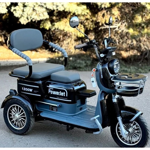 Трицикл Corso «POWER JET» JT-712387, двигун 1200W, акумулятор 72V 23Ah графеновий, чорний + 1 ящик. акум, колеса 10" фото westvelo.com