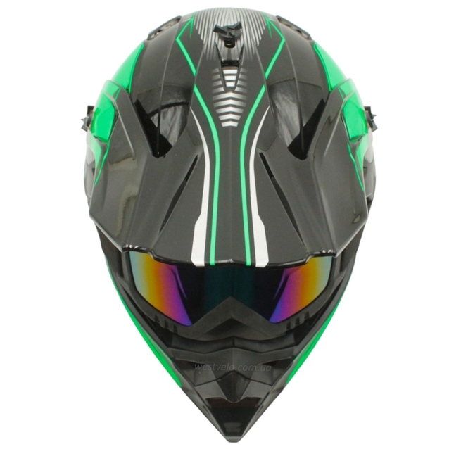 Шолом, закритий крос/ендуро (S) DOT/АТV EDX 025 чорно-зелений глянець з дашком + окуляри фото westvelo.com