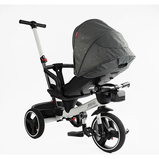 Дитячий велосипед 3-кол з батьківською ручкою, з даш, PU BestTrike «MARCO» 9155/603-85 біло-сірий (зірочки), поворотне сидіння, складне кермо, кошик, телескопічна ручка, фара музична фото westvelo.com