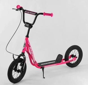 Самокат дитячий 2-х колісний, надувні колеса 12 Corso JT 47117 рожево-чорний, ручне переднє гальмо
