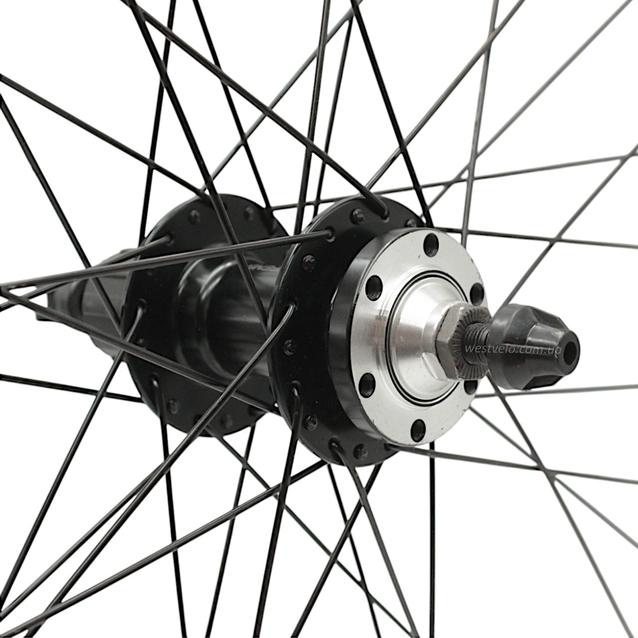 Колесо 28-29 зад, обід 2-ний чорний дисковий, втулка AL. SHUNFENG касета 8-10S, проми, диск 6 болтів, ексцентрик, чорна спиця фото westvelo.com