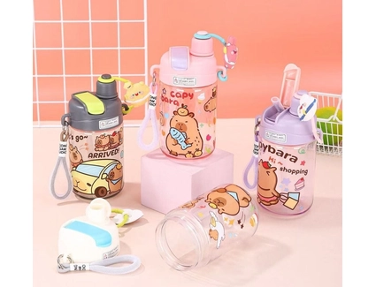 Фляга 600 ml "Capybara" пластик (ремінець, трубочка) білий