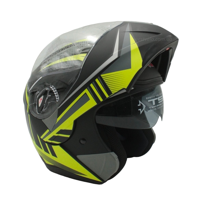 Мото шолом, трансформер (S 55-56) F2 158 Neon yellow, чорний, матовий з відкидними окулярами фото westvelo.com