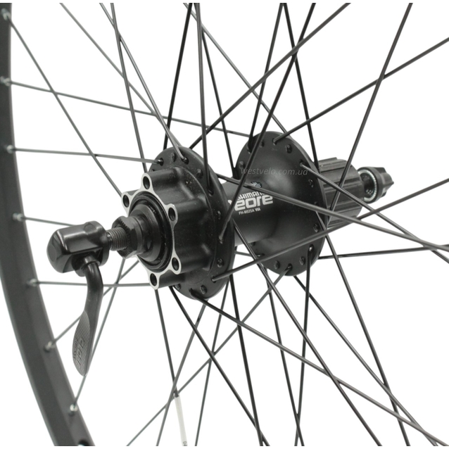 Колесо 26 зад, обід 2-ний чорн.диск,втул. AL SHIMANO DEORE касета (8-10S), диск 6 болт, ексцен.чорна спиця фото westvelo.com