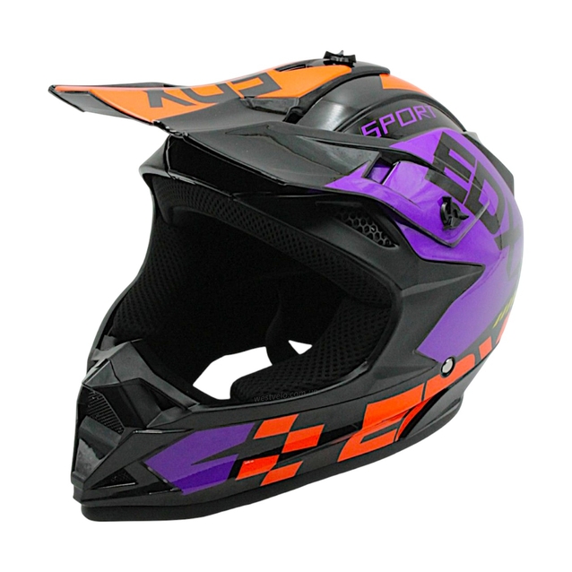 Шолом, закритий крос/ендуро (L) АТV EDX 026-1 чорно-фіолетово-помаранчевий глянець з дашком + окуляри фото westvelo.com