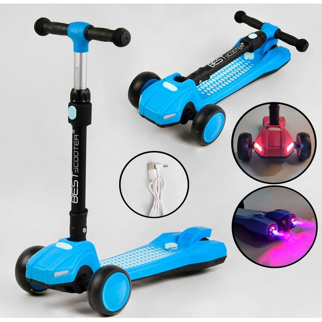 Самокат дитячий 3-х колісний, Best Scooter LT-10635 блакитний, колеса PU Ø120mm/90mm, пластмасовий, світло, звук машини, дим, складне кермо фото westvelo.com