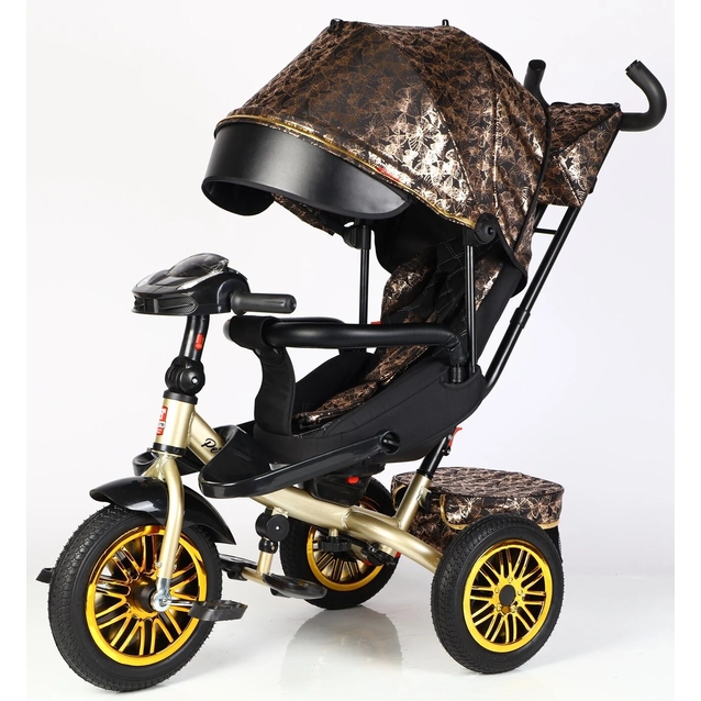 Дитячий велосипед 3-х колісний з батьківською ручкою, з дашком, безкамерні колеса Best Trike «PERFETTO» 8066/819-40 золотий (метелики), поворотне сидіння, кошик, фара музична, USB, Bluetooth фото westvelo.com